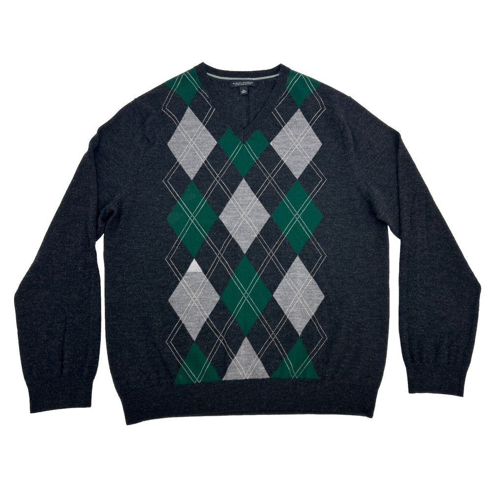 Banana Republic Sweater Men's XL Gray Argyle V-Neck Pullover 100% Merino Wool - Picture 1 of 8